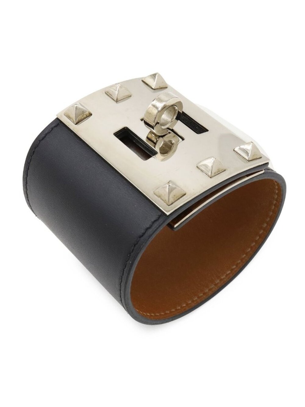 Hermes Tall Bangle Bracelet Studs Leather Black Silver